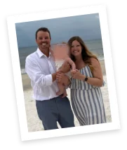 Series of pictures showing Bonnie before TEPEZZA treatment, after TEPEZZA treatment, and on the beach with her family
