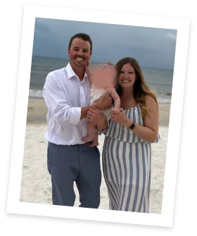 Series of pictures showing Bonnie before TEPEZZA treatment, after TEPEZZA treatment, and on the beach with her family
